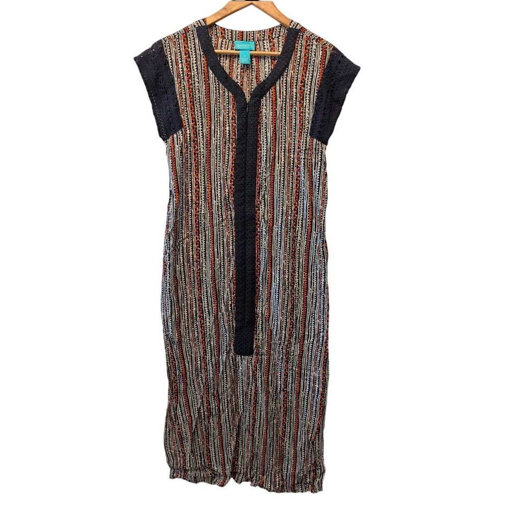 Kate Landry Casuals Orange Navy Tribal Print Crochet Trim Rayon Midi Dress Small